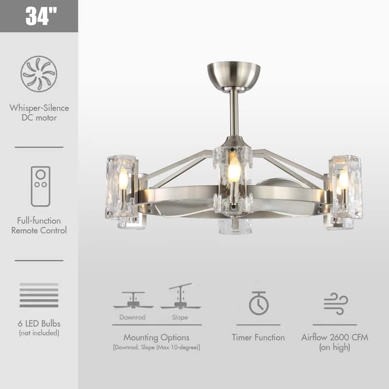 34-inch Modern 6-Light 3-Blade Chandelier/Ceiling Fan with Glass Shade