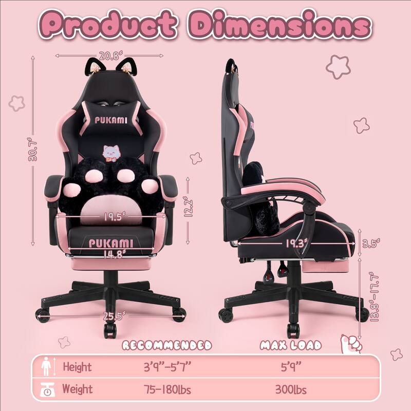 BOSSIN Gaming Chair with Cat Ears and Cat Paw Cushion Pillow,Cute Kawaii Reclining Computer Chair for Girl with Footrest