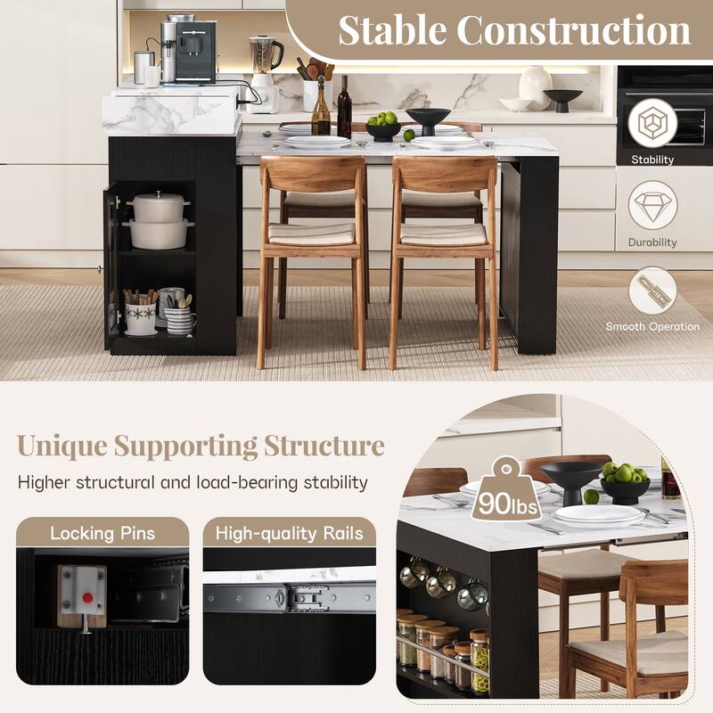 Extendable Kitchen Island Dining Table with Power Outlet, Rolling Sideboard with Folding Tabletop & Drawers