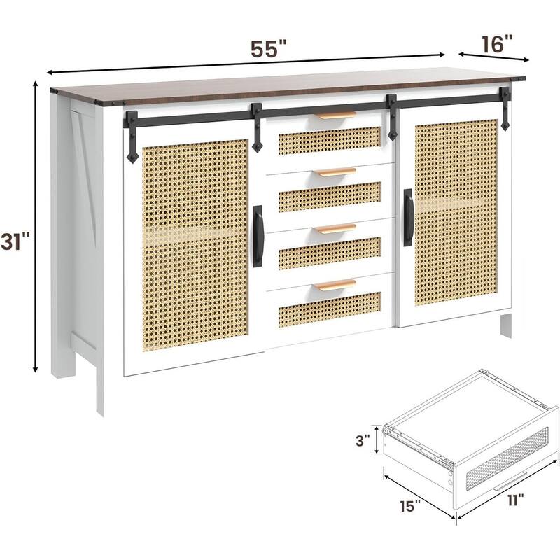 AECOJOY Rattan Sideboard Buffet Cabinet with Storage, Farmhouse Kitchen Cabinet w/Sliding Barn Doors & 4 Drawers