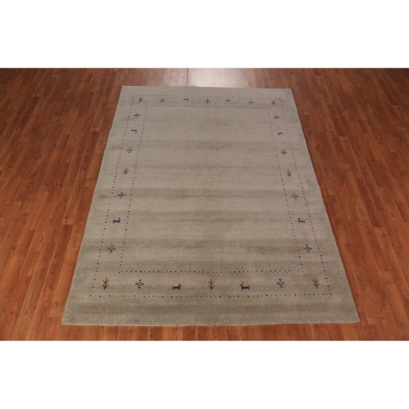 Gabbeh Oriental Area Rug Hand-Knotted Beige Tribal Wool Carpet - 5'7" x 7'10"