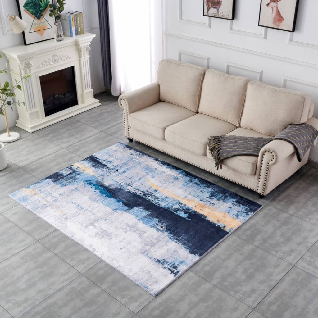 Collection Abstract Design Gray Blue Yellow Machine Washable Super Soft Area Rug,8' x 10' - 8' x 10'