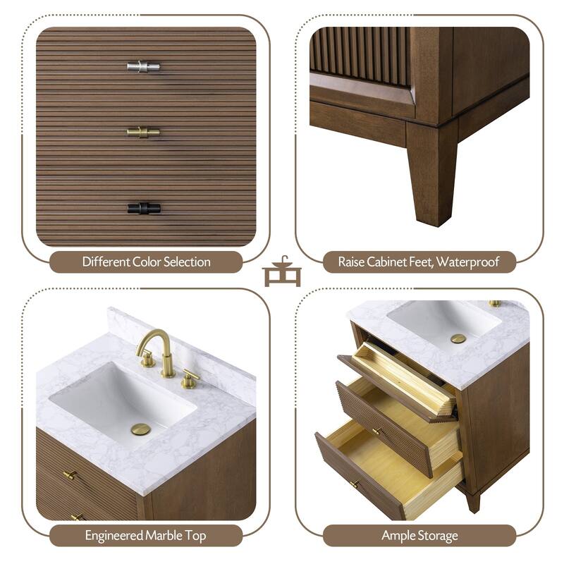 Vanity Art 30" Freestanding Bathroom Vanity with Engineered Marble Top and Sink