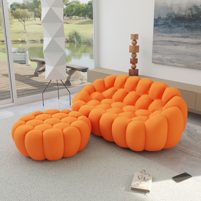 3D Honeycomb Fabric Upholstered Bubble Sofa Modern Loveseat with Ottoman - Orange