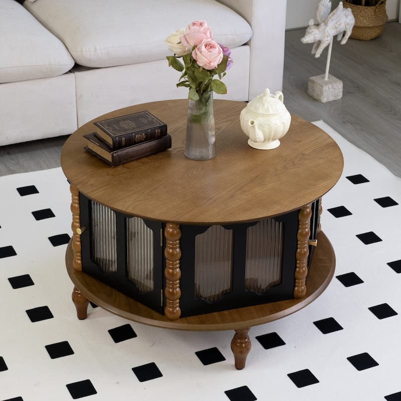 GDFStudio Theryn Real Wood Veneer Round Coffee Table with Three-Door Storage