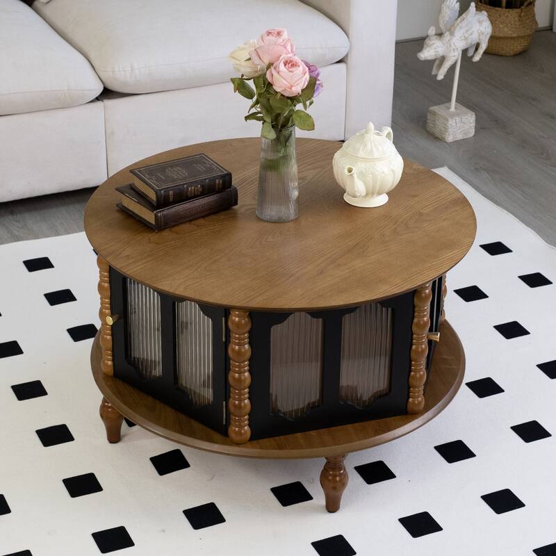 Rustic Round Coffee Table with Storage, 31.5" Wood Accent Table Mid Century Modern Center Tables with Door and Leg