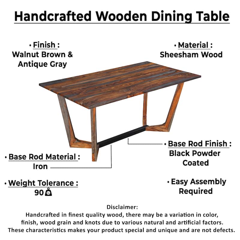 Myra 6 Seater Dining Table, 67" Rectangular Top in Walnut Brown and Antique Gray Sheesham Wood, Black Metal Base