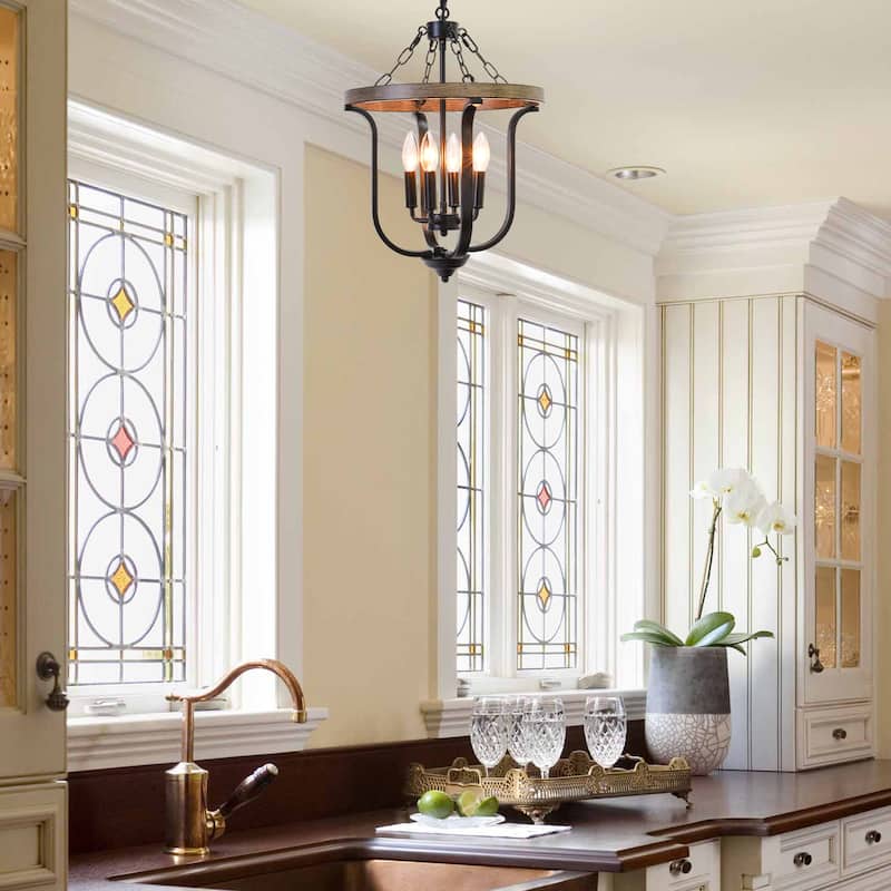 4-Light Candle Accents Rustic Cage Chandelier for Dining Room Kitchen Island