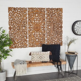 Brown Wooden Handmade Intricately Carved Floral Wall Decor (Set of 3)