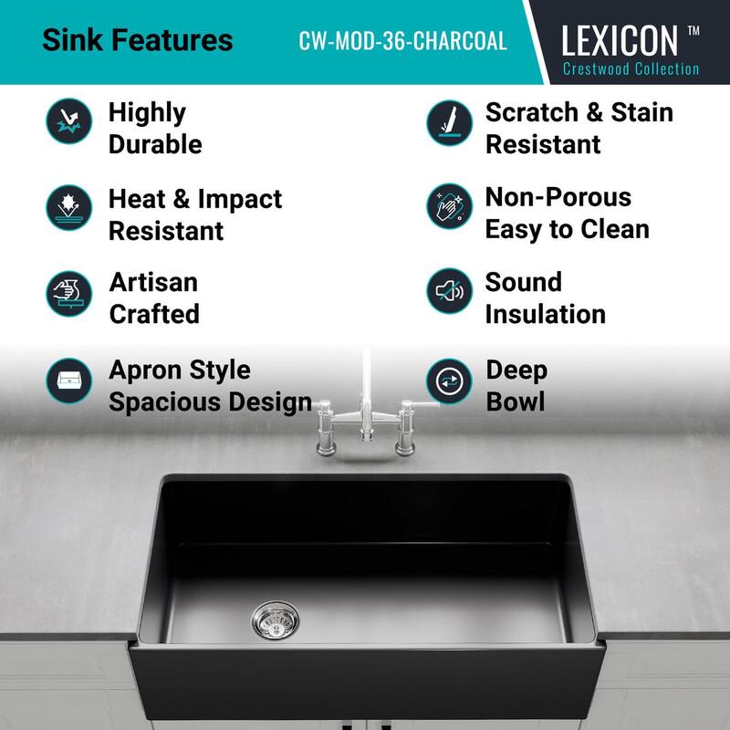 Crestwood 36" Modern Single Bowl Apron Fireclay Sink - Charcoal