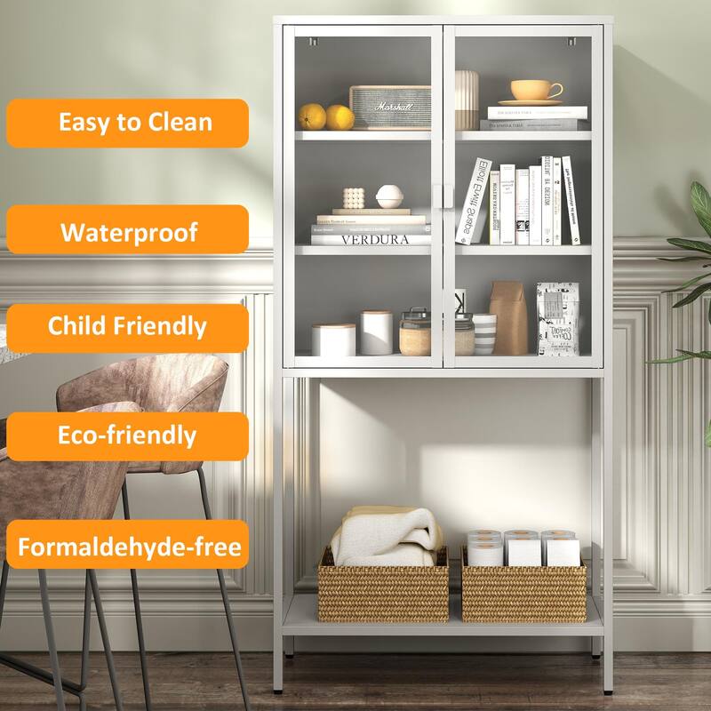 Heavy Duty Metal Storage Cabinet Sideboards & Buffet, Tall Bookcase Display Case with Glass Doors & 2 Adjustable Shelves - White
