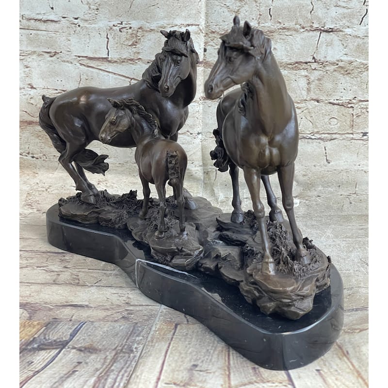 Signed Mene Horse Family Bronze Sculpture Art Deco Marble Base Figurine Figure