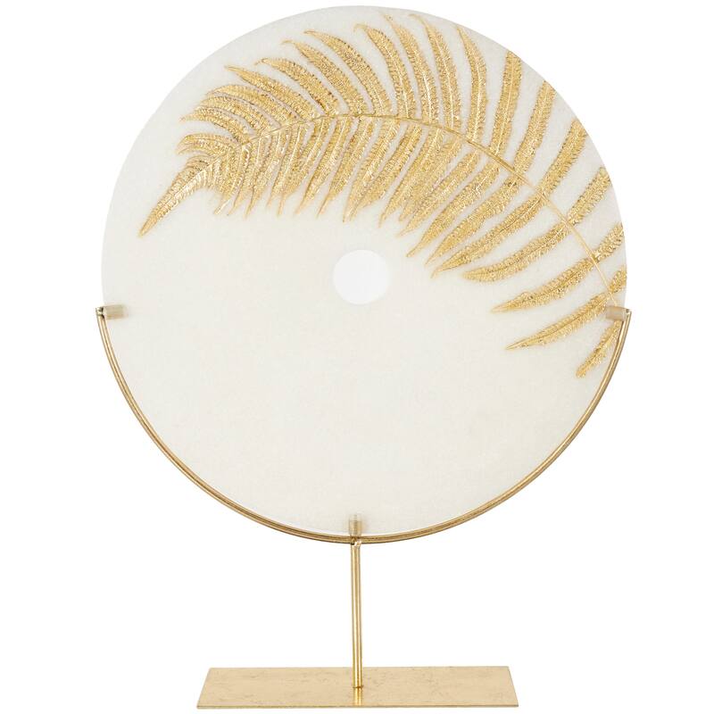 White Polystone Round Disk Leaf Decorative Sculpture with Center Cutout and Gold Base - White