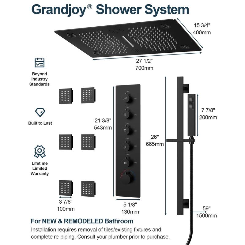 GRANDJOY LUXURY Shower Faucet Set 28"*16" Ceiling Mount Shower Head Body Jets Handheld Spray with Slide Bar LED Music