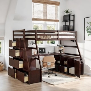 Impression & Beautiful Full Playhouse Loft Bed with 7 Drawers 2 Shelves and Desk, Sturdy Construction & Unique Design, Espresso