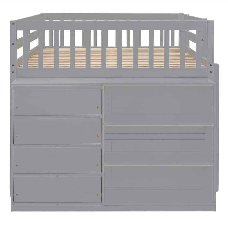 Twin Over Twin/Full Over Full Floor Bunk Bed with Drawers and 3 Storage Shelves, Solid Wood Low Bunk Bed Frame with Ladder
