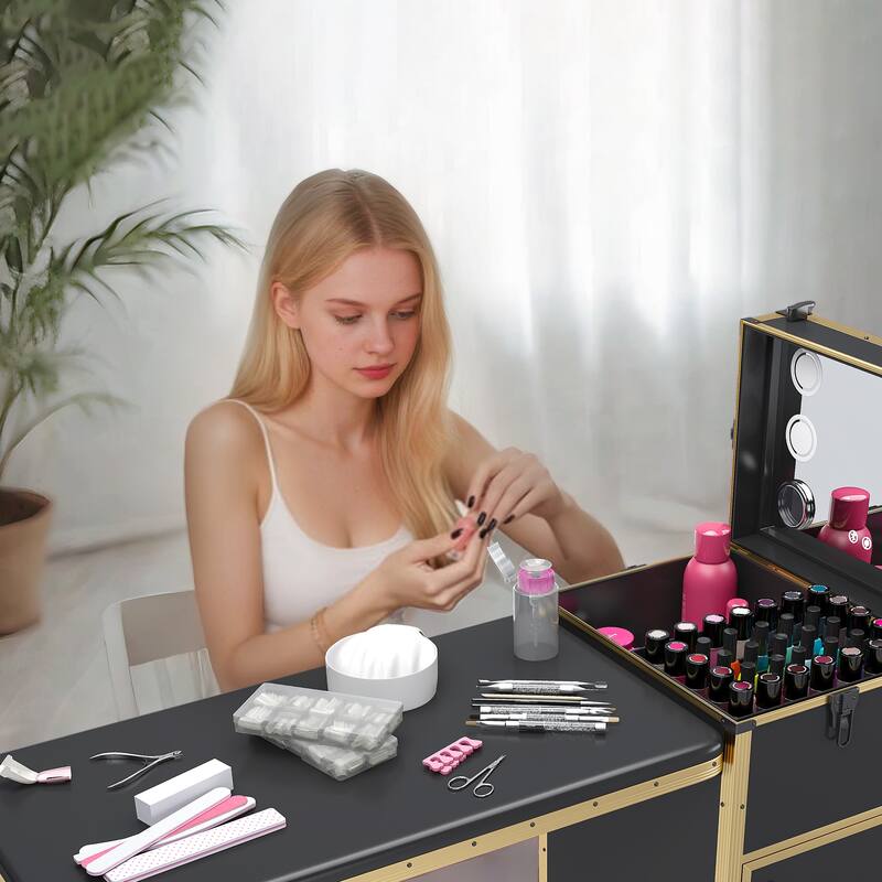 Portable Nail Art Table w/ LED Mirror, Bluetooth, Lockable Drawers, Telescopic Pole - Folding Manicure Station for Salons