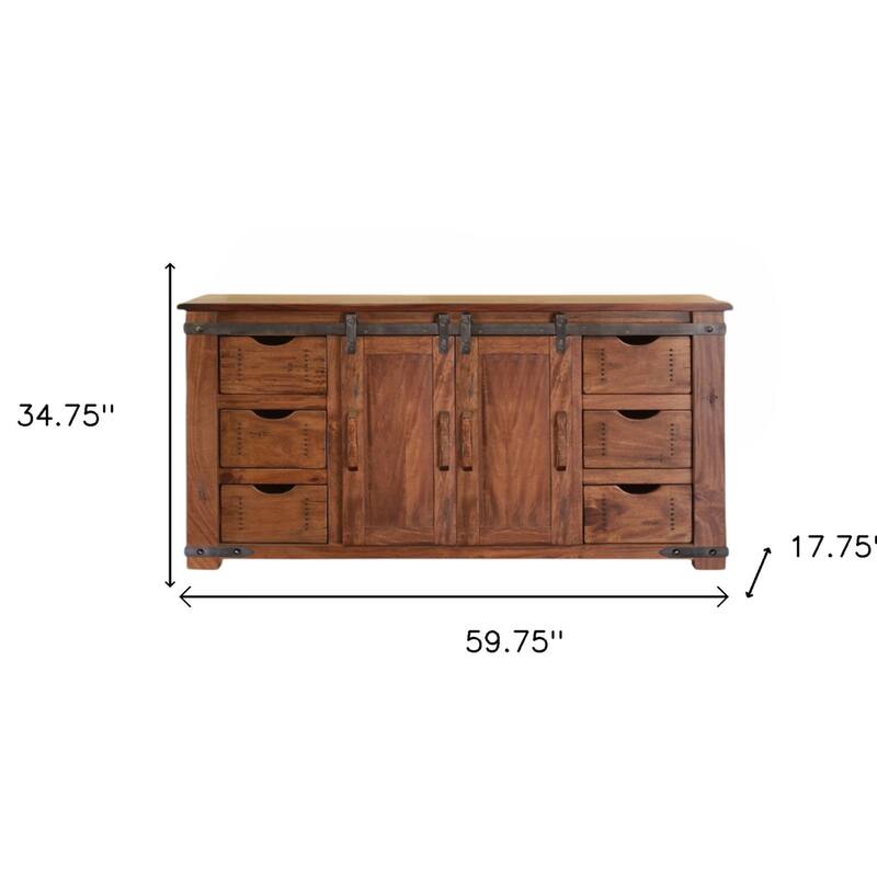 HomeRoots 60" Brown Solid Wood Enclosed Storage Distressed TV Stand - 59.75' X '34.75' X '17.75