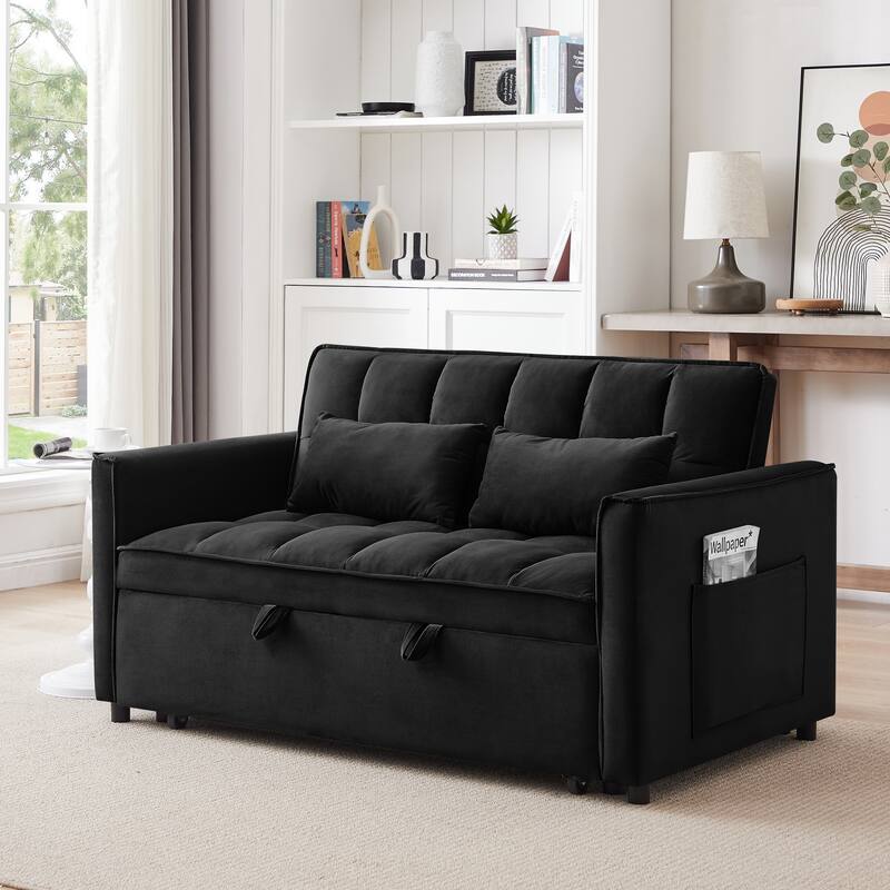 Anmytek 3-in-1 Velvet Sleeper Sofa with Adjustable Backrest and Side Pockets Black Convertible Loveseat - Black