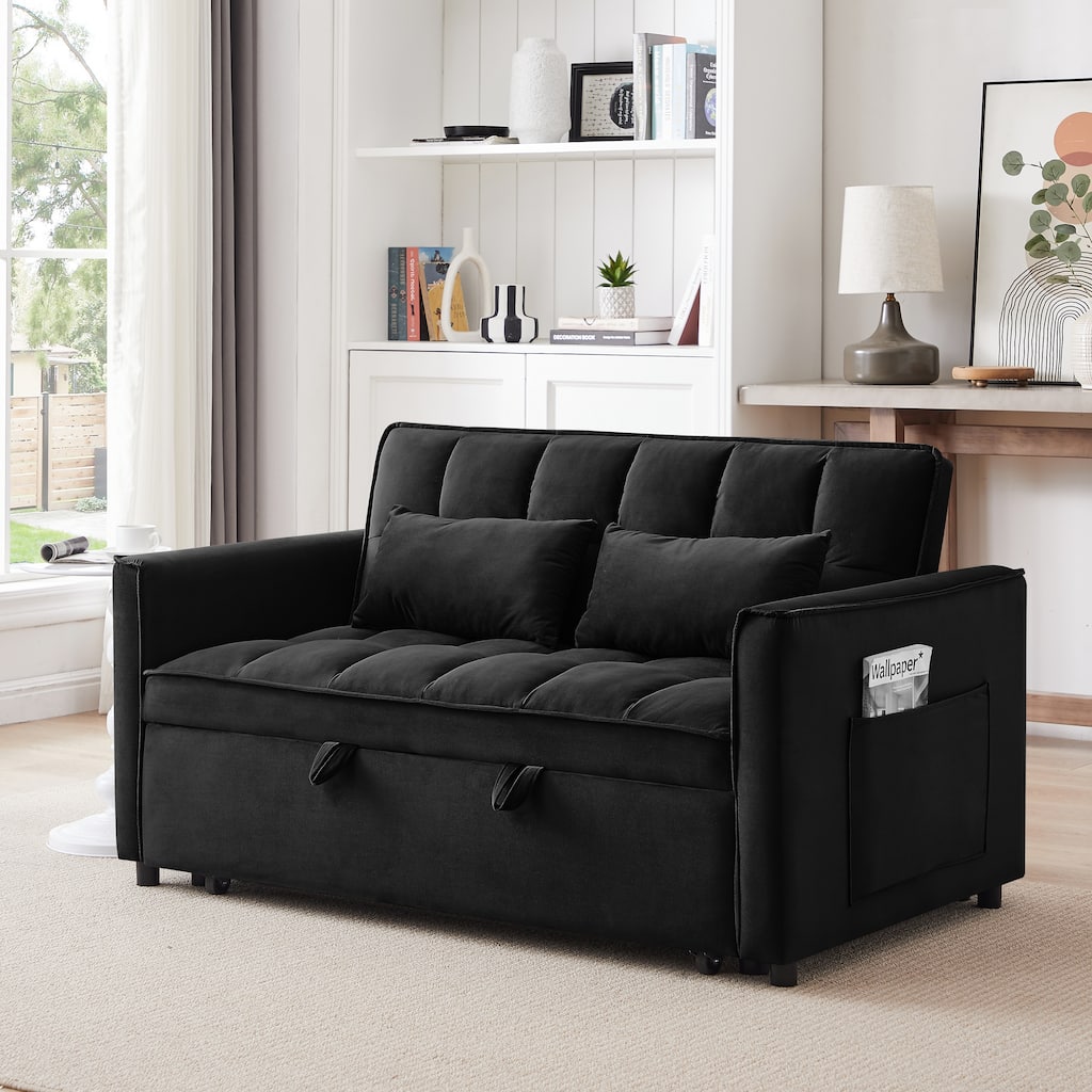 Anmytek 3-in-1 Velvet Sleeper Sofa with Adjustable Backrest and Side Pockets Black Convertible Loveseat
