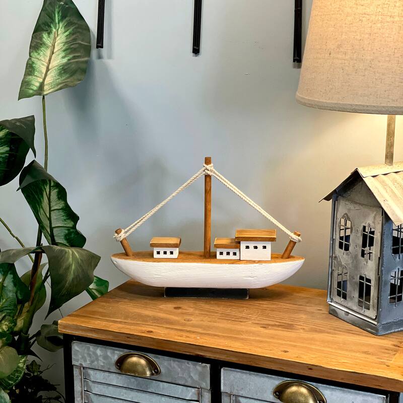 13.5In Wood Fishing Boat Statue Nautical Decor Handcrafted Ship Modell - 9.75 X 13.5 X 3.25 inches