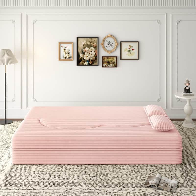 Modern 78" Full Size Convertible Corduroy Foam-Filled Sleeper Sofa,Modern Floor Sofa with 2 Pillows