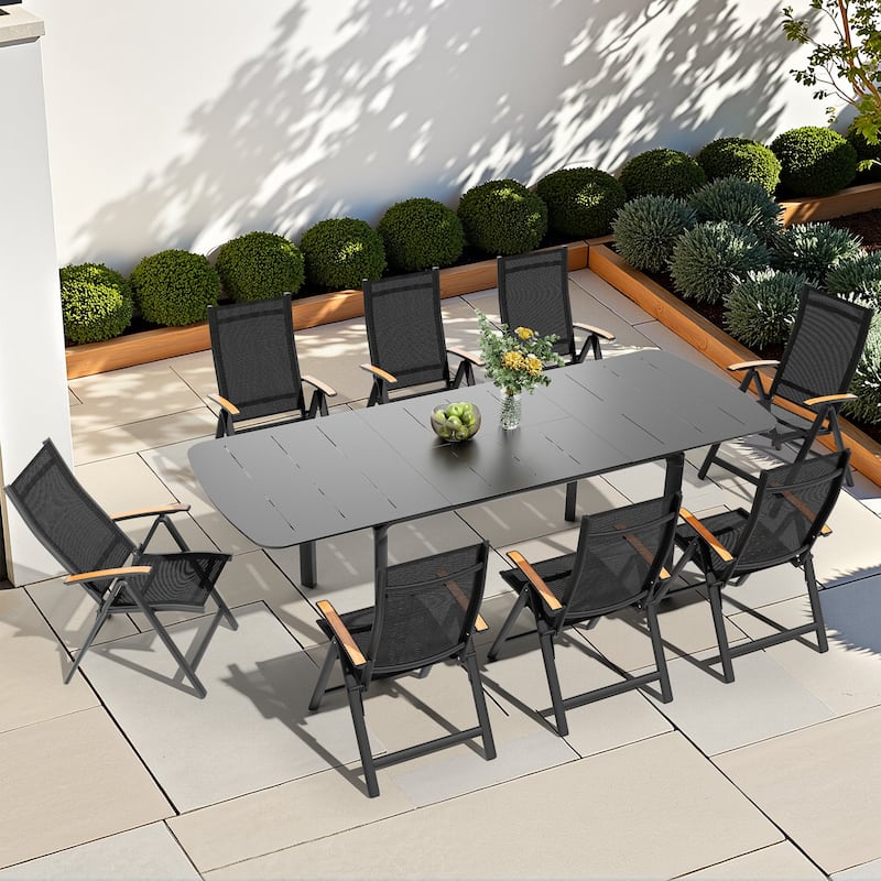 9-Piece Outdoor Patio Dining Set Expandable Aluminum Dining Table with Folding Chairs with Adjustable Back