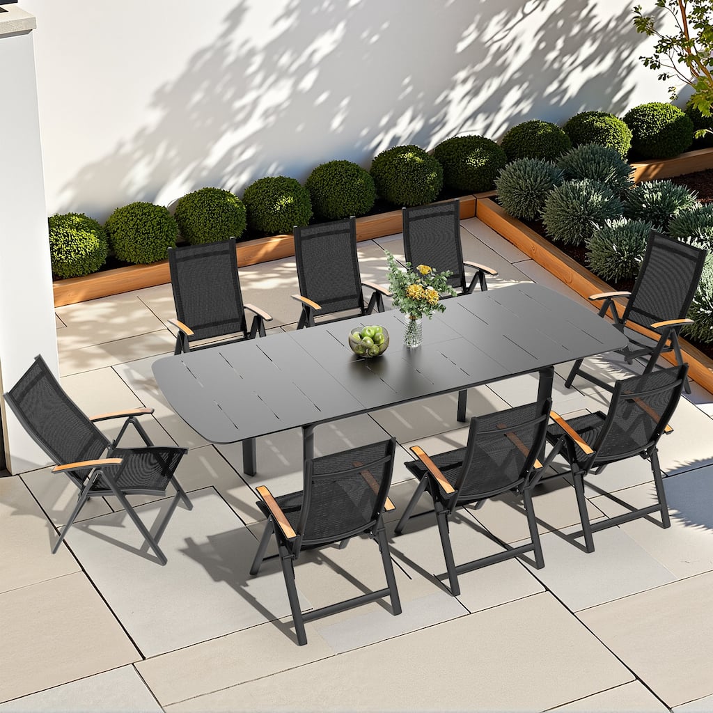 9-Piece Outdoor Patio Dining Set Expandable Aluminum Dining Table with Folding Chairs with Adjustable Back