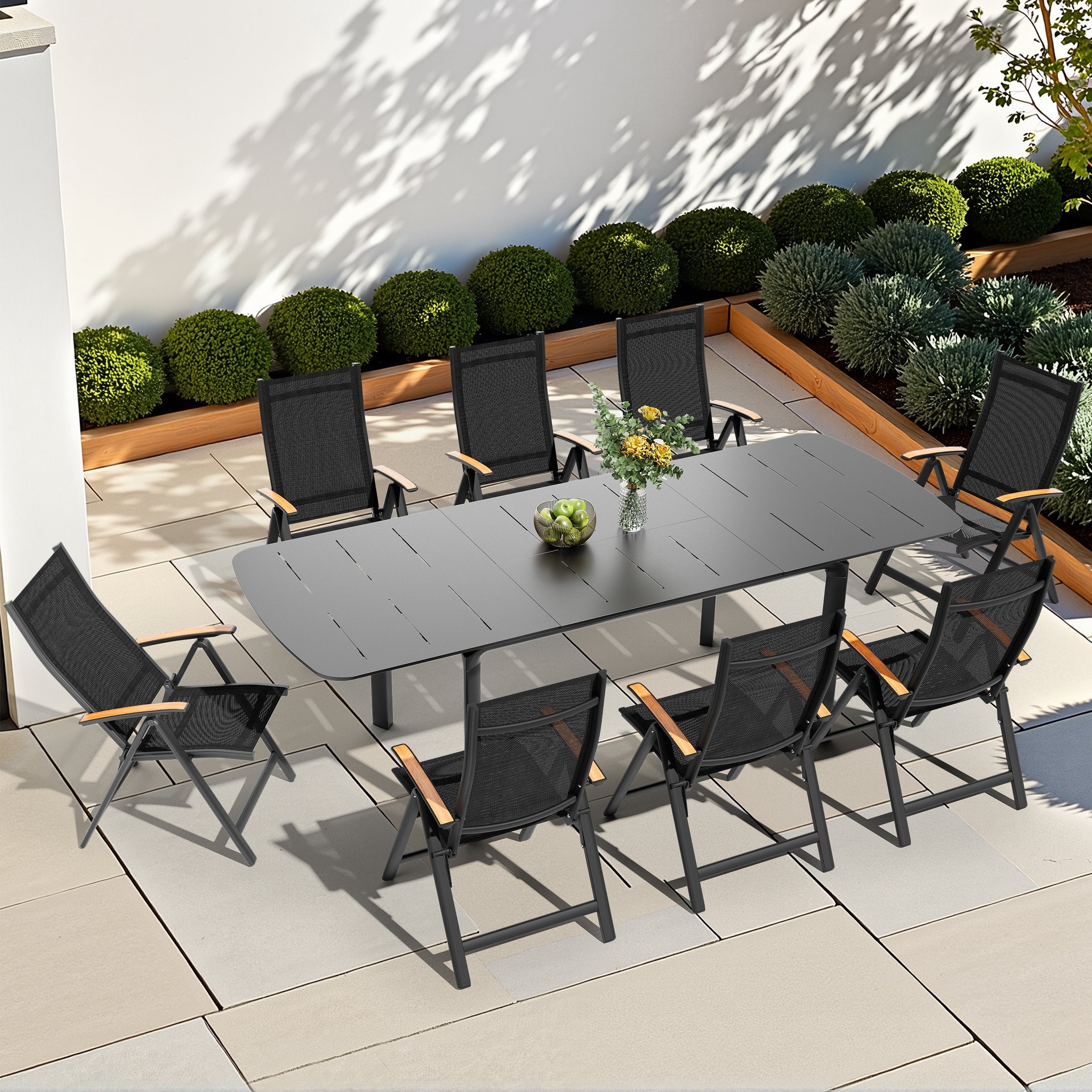9-Piece Outdoor Patio Dining Set Expandable Aluminum Dining Table with Folding Chairs with Adjustable Back