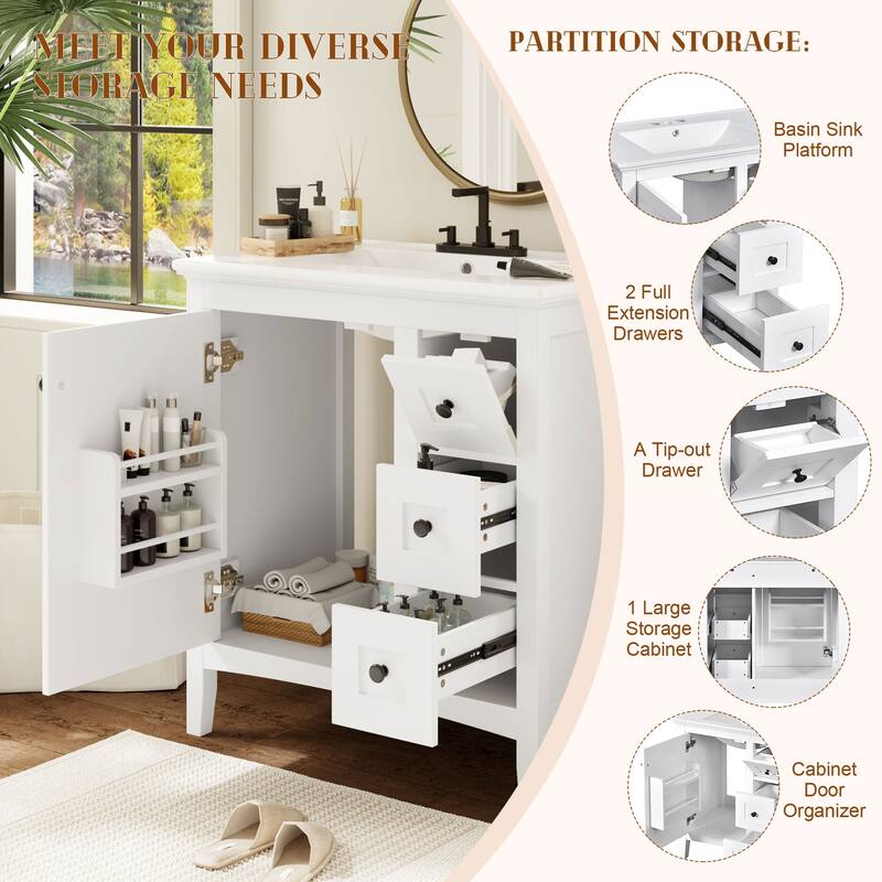 GDFStudio - Rivington Modern Bathroom Vanity with Ceramic Sink and 3 Storage Drawers - 30'W