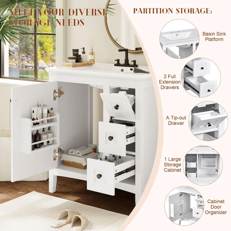 Modern Simple Bathroom Cabinet Freestanding Bathroom Vanity with Ceramic Sink, Tip-out Drawer, 2 Drawers and Side Door Organizer