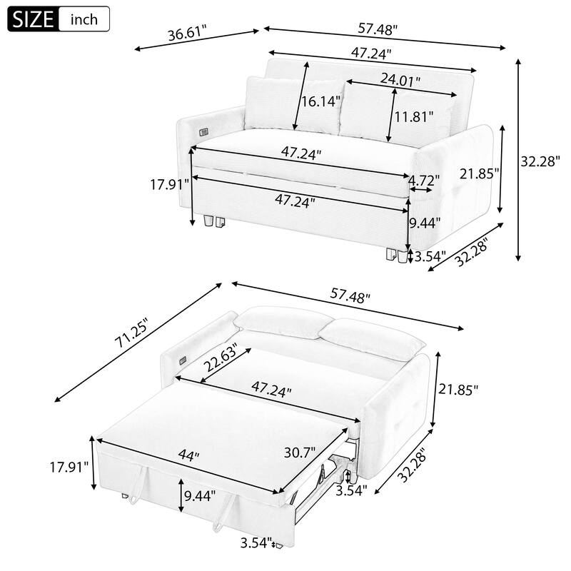 57.48" Corduroy Convertible Sofa Bed with Pull-Out Sleeper, Adjustable Backrest & USB