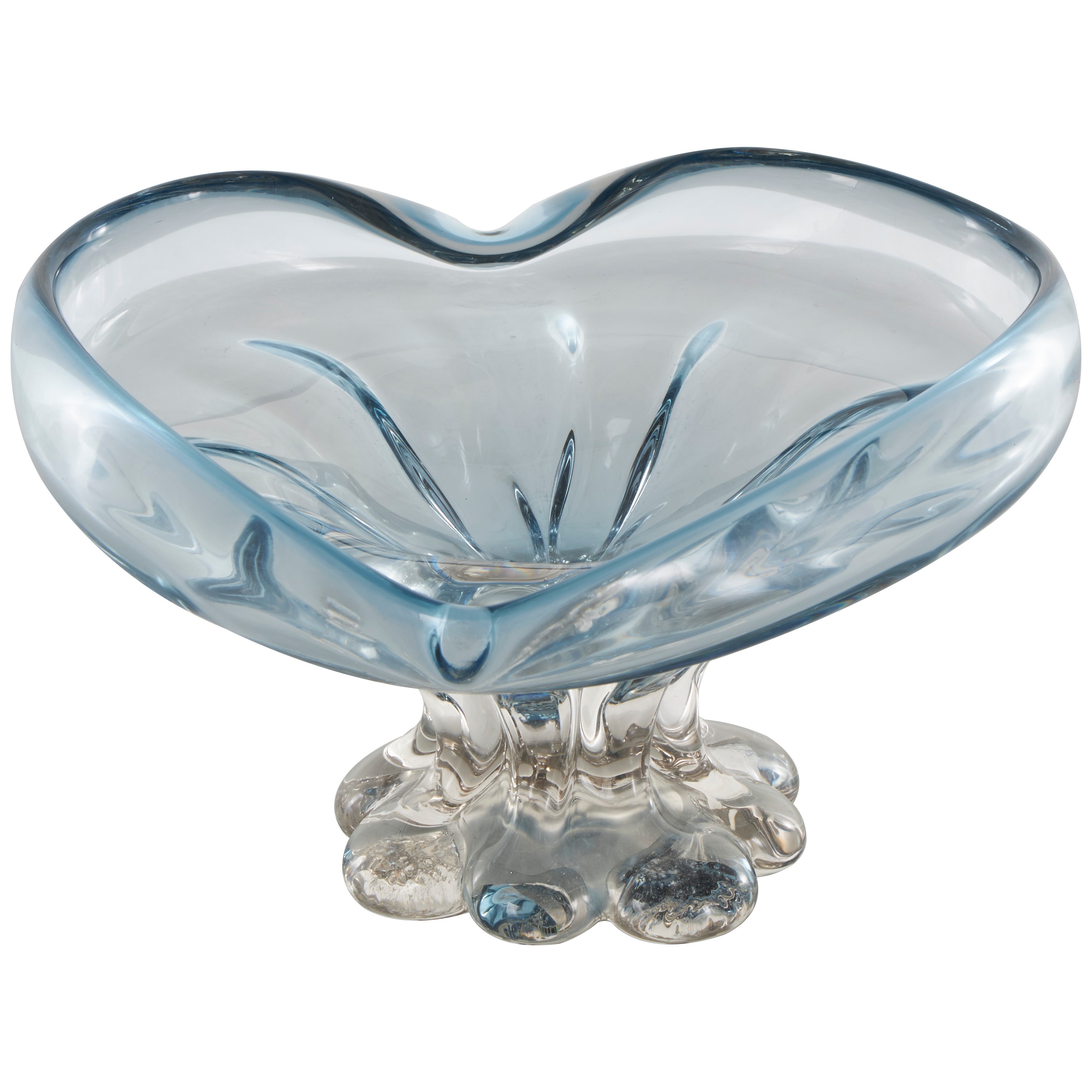 Blue Glass Ombre Heart Decorative Decorative Bowl with Folded Curve Opening and Scalloped Base