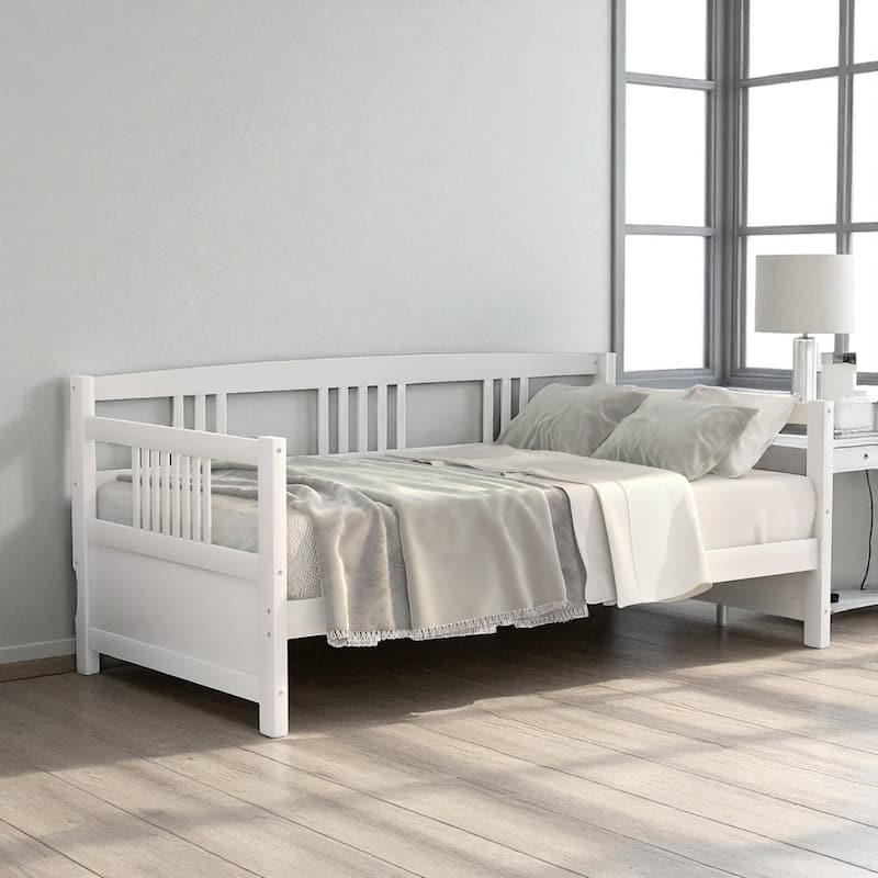 Modern Twin Size Solid Wood Daybed with 3-Sided Rail, Vintage Style Frame with Slats, Multifunctional Sofa Bed - White - Twin
