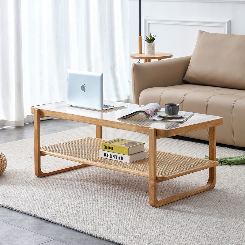 Rectangle Solid Wood Glass Top Coffee Table with Rattan Shelf