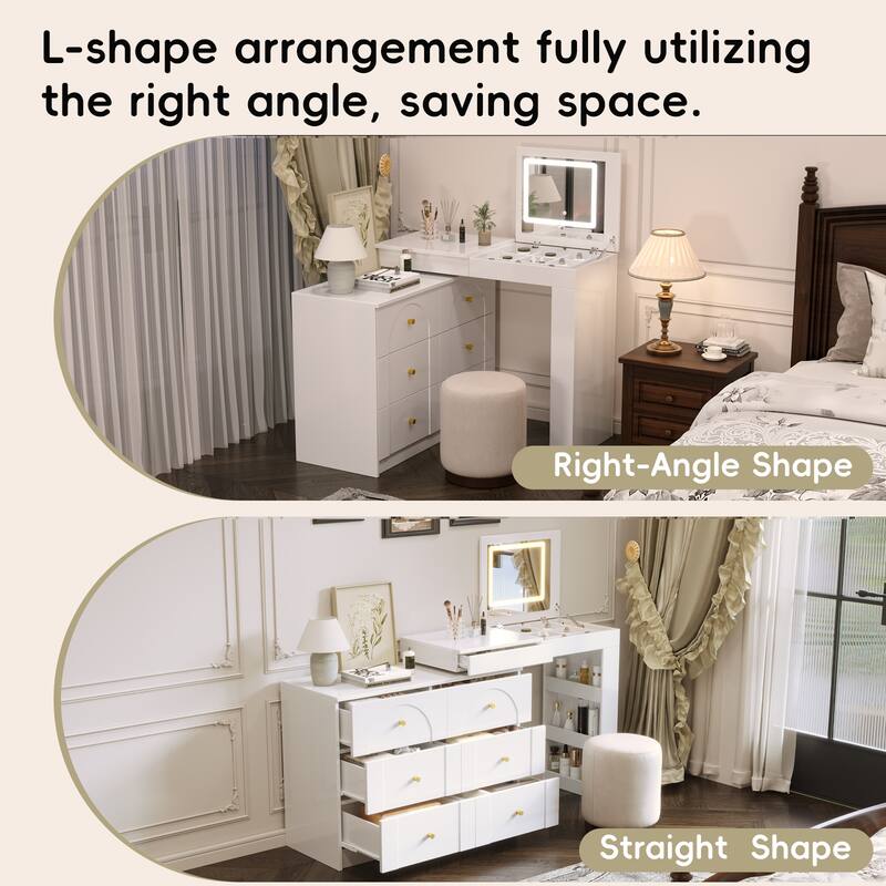 L-shaped Makeup Vanity Dressing Table with Flip-Top Makeup Mirror, Adjustable LED Lights & 7 Drawers