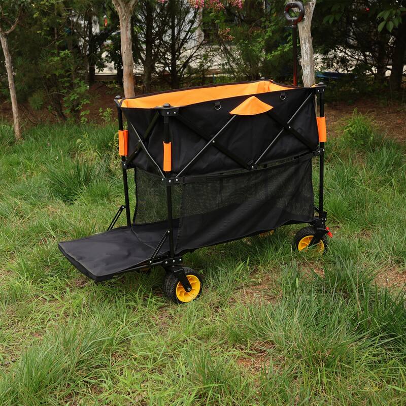 Big large capacity Folding cart Extra Long Extender Wagon Cart Folding Wagon Garden Shopping Beach Cart (black +orange)