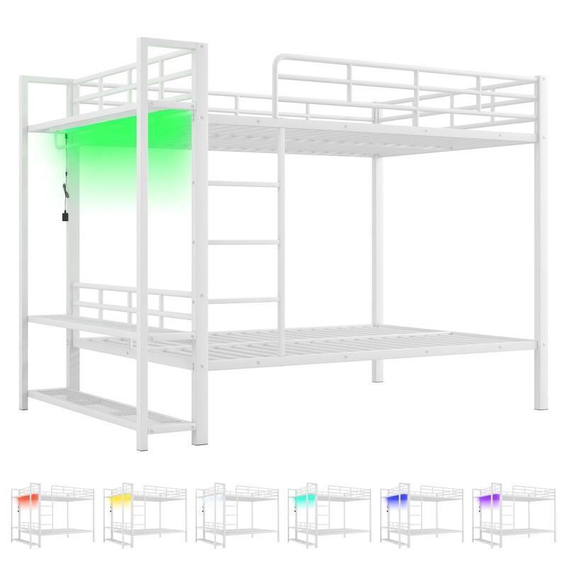 Full Over Full Size Bunk Bed with LED Light and Clothes Hanger, Metal Bunk Bedframe w/ Storage Mesh Shelves, Ladder & Guardrail