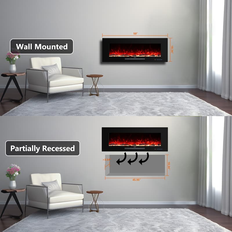 50 in. Wall Mounted and Recessed Electric Fireplace,13 Flame Colors