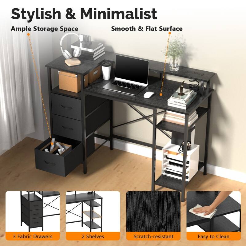 47'' Computer Gaming Office Desk with Charging Station , Storage Drawers, Versatile Writing Work Desk for Home Office Study