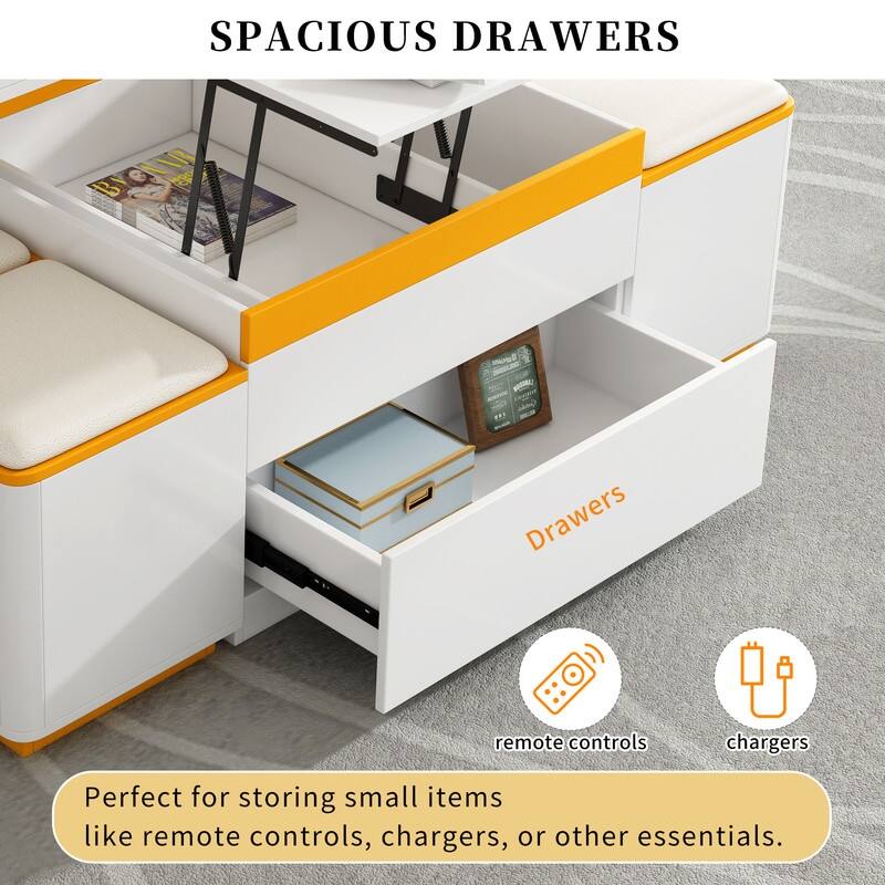 Lift-Top Coffee Table with 4 Storage Stools, Modern Space Saving Center Table with Foldable Top