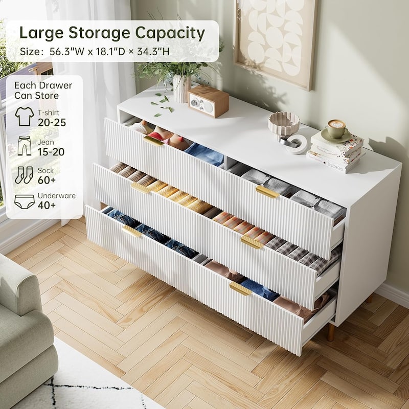 6 Drawer Dresser for Bedroom with Gold Handles, Modern Wooden Chest of Drawers