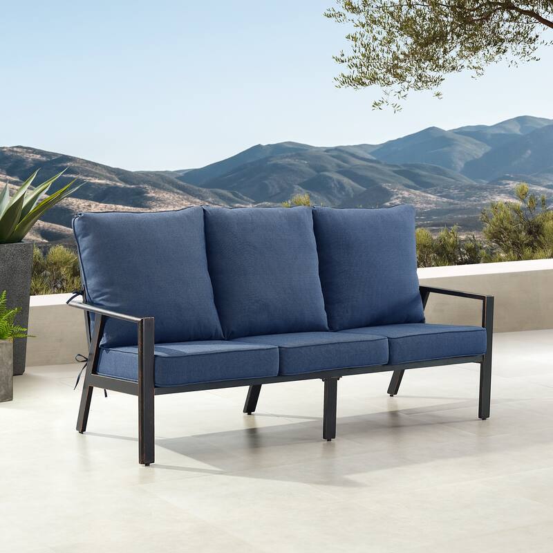 Black Aluminum Deep Seating Deep Seating Sofa with Cushions - Blue