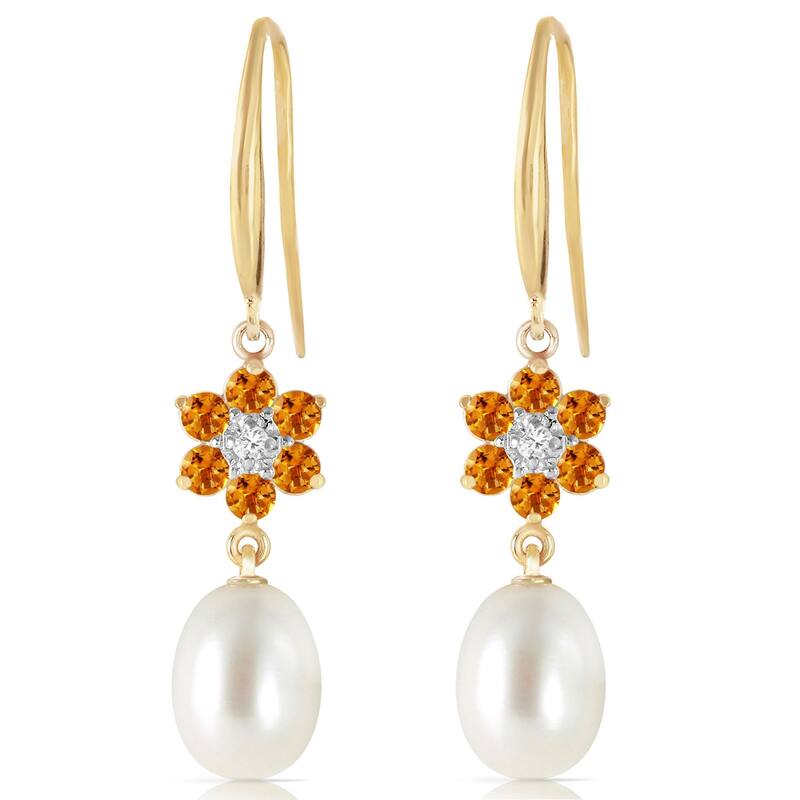 14K Solid Gold Fish Hook Earrings w/ Diamonds, Citrines & Pearls