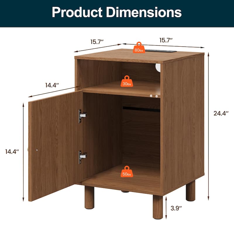 Nightstand Set of 2 with Charging Station and Solid Wood Legs