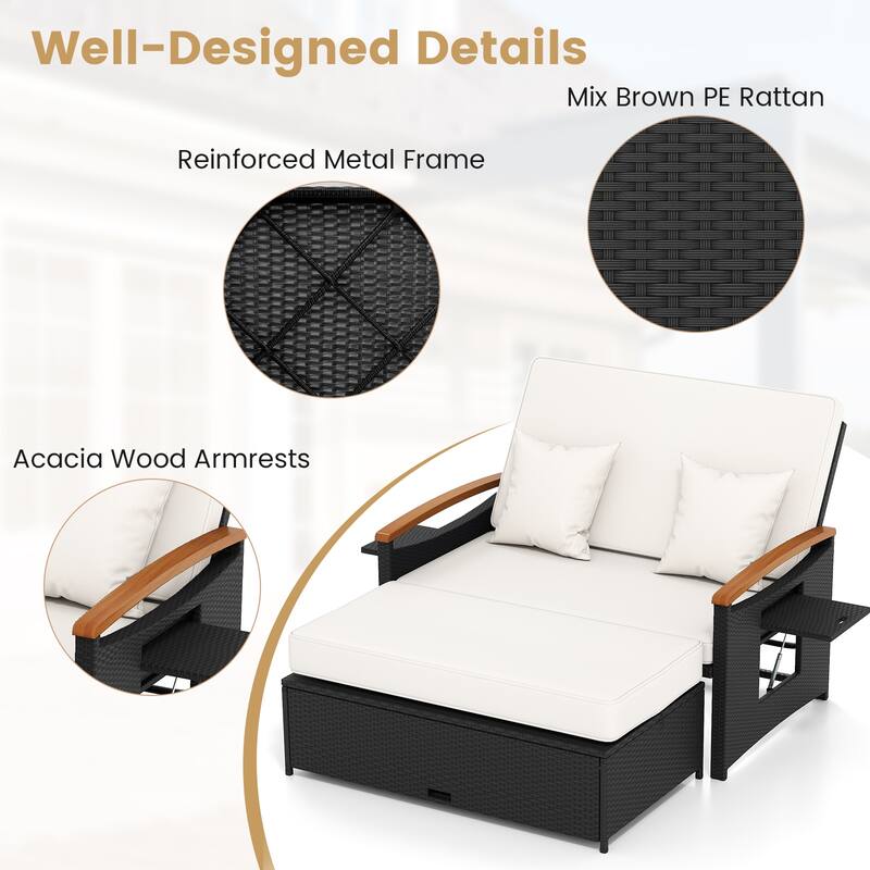 Gymax Patio Rattan Daybed Set w/Cushioned Loveseat & Storage Ottoman