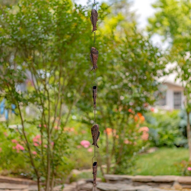 76.75" Long Antique Bronze Rain Chain with Rainbow Trout - Iron - Bronze - Small