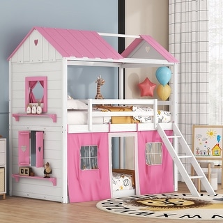 Twin Size Bunk House Bed with Playful Windows, Tent, and Slide - Stylish & Design for Fun and Functional Bedrooms, Pink+White