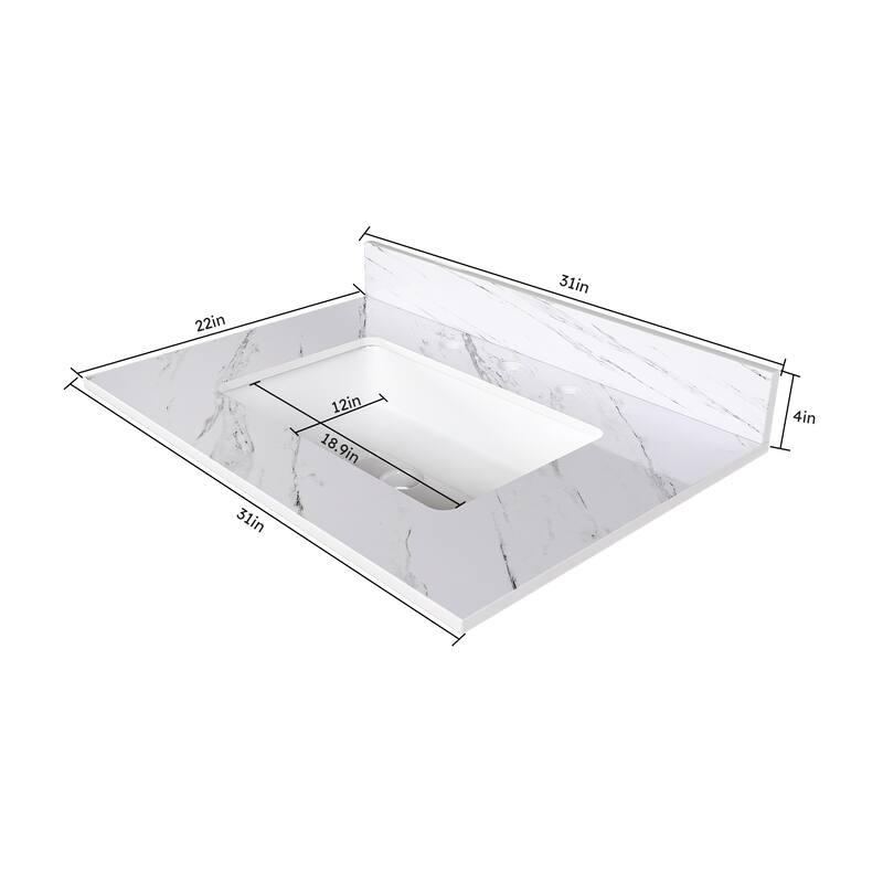 Roomfitters 31 Inch Bianco Carrara Venato Vanity Top with Rectangular Undermount Sink, Sintered Stone Bathroom Countertop, White