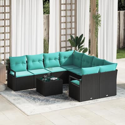 vidaXL 9 Garden Sofa Set with Cushions Black Poly Rattan - 91.3 x 92.1 x 27.2